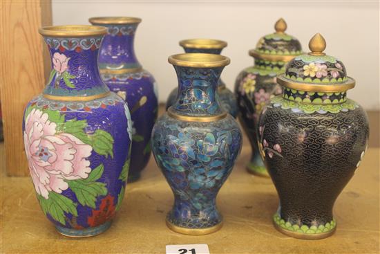 Six cloisonne enamel vases & 2 covers